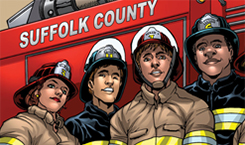 drawing of Suffolk County firefighters by a fire truck